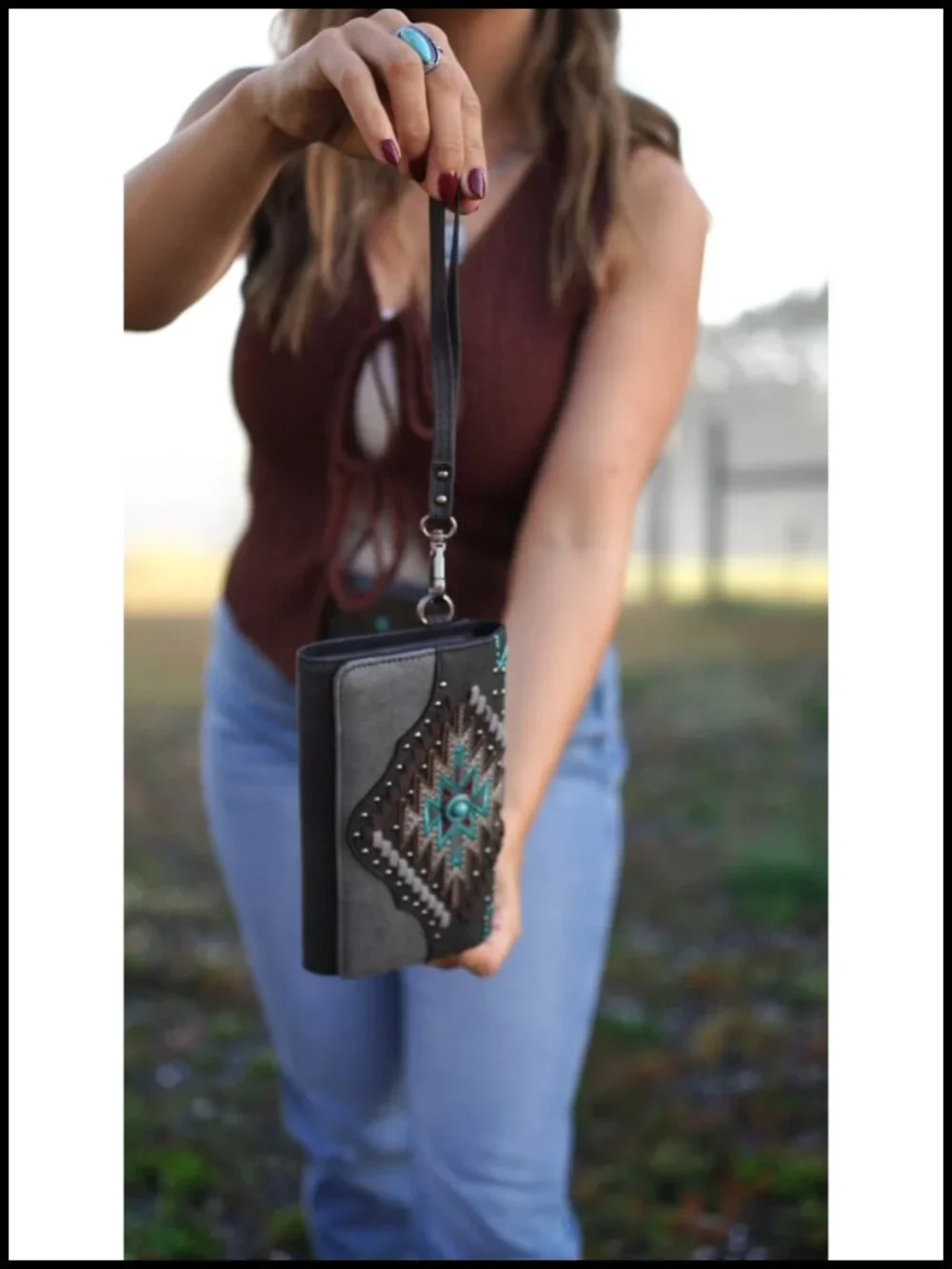 Vegan Leather Western Tote Bag with Wallet Set 2Pcs